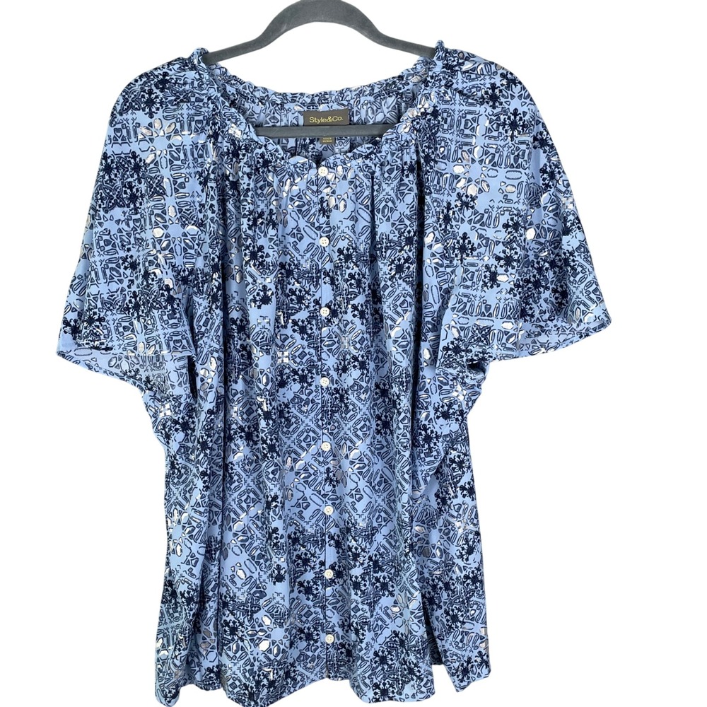 Style&Co Blouse Women 3X Blue Very Good Butterfly Sleeve Metallic Geometric